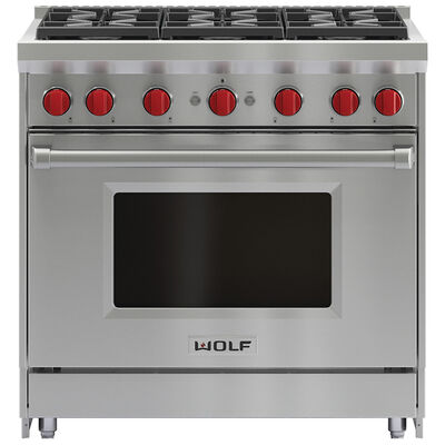 Wolf 36 in. 5.5 cu. ft. Oven Freestanding LP Gas Range with 6 Sealed Burners - Stainless Steel | GR366LP