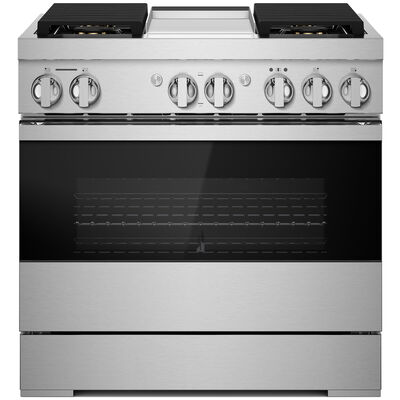 JennAir Noir Series 36 in. 5.1 cu. ft. Smart Convection Oven Freestanding Dual Fuel Range with 4 Sealed Burners & Griddle - Stainless Steel | JDRP536HM