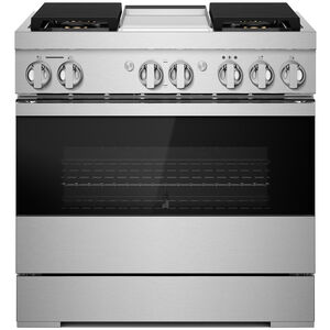 JennAir Noir Series 36 in. 5.1 cu. ft. Smart True European Convection Dual Fuel Range with 4 Sealed Burners & Griddle - Stainless Steel, , hires