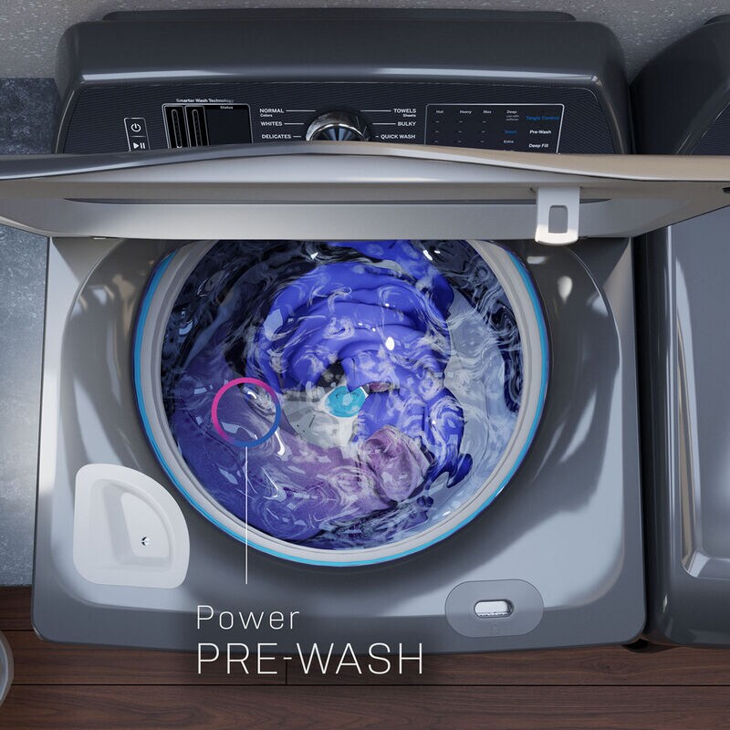 GE Profile 28 in. 5.4 cu. ft. Smart Top Load Washer with Smarter Wash Technology, FlexDispense & Sanitize with Oxi - White, White on White, hires