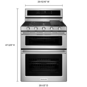 KitchenAid 30 in. 6 cu. ft. True European Convection Double Oven Gas Range with 5 Sealed Burners & Griddle - Stainless Steel, Stainless Steel, hires