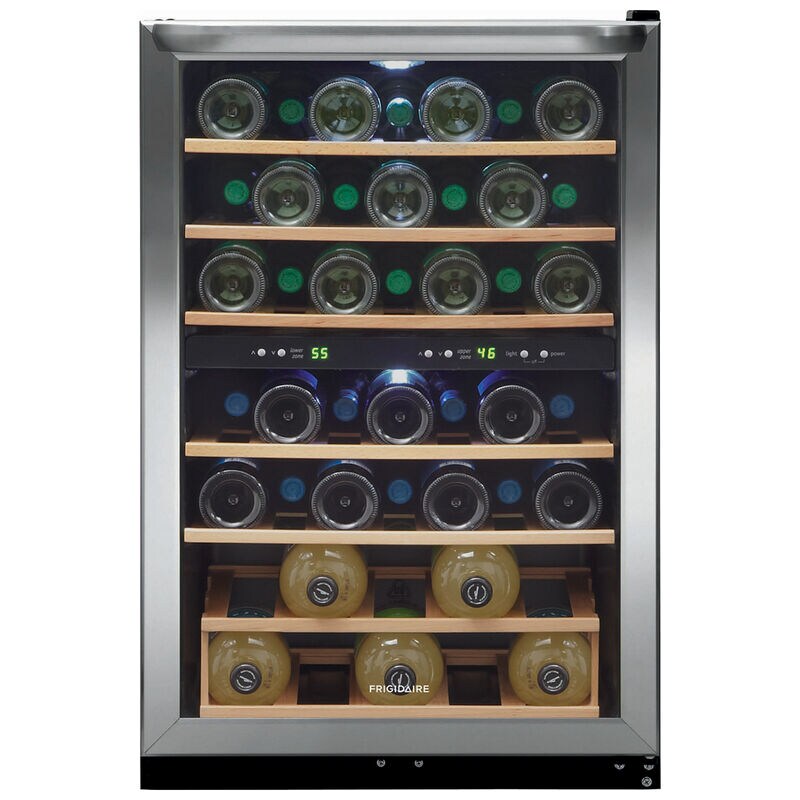 Frigidaire 22 in. Freestanding Wine Cooler with Wood Racks, Dual Temperature Zones & 45 Bottle Capacity - Stainless Steel, , hires