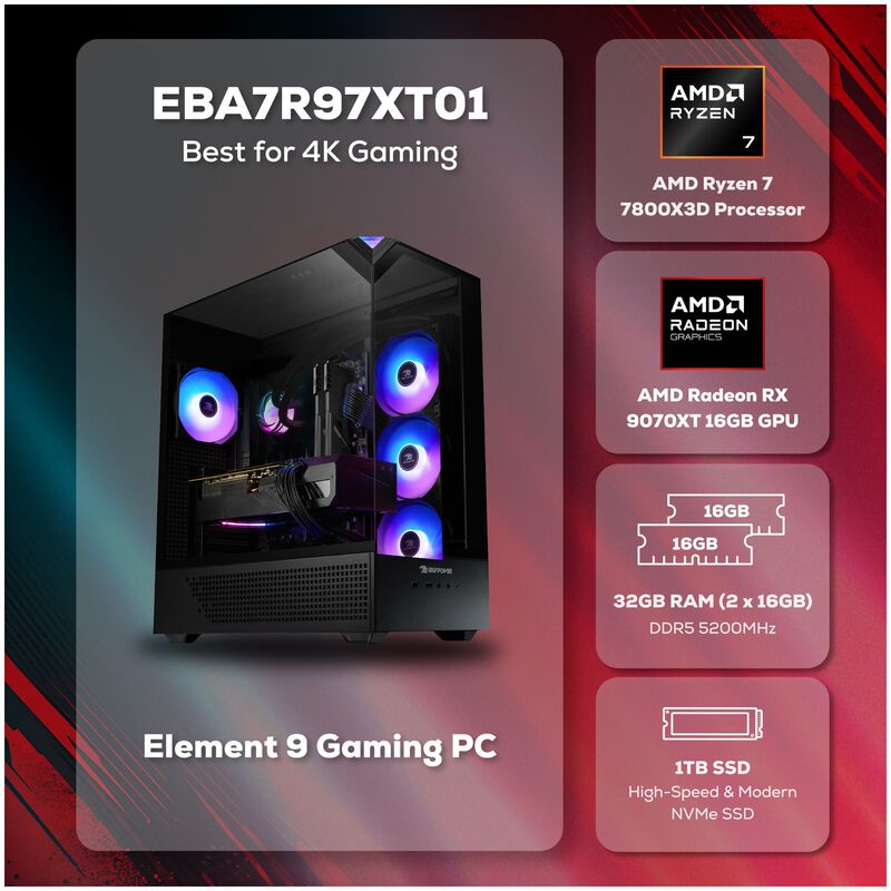 iBUYPOWER Element Gaming Desktop with AMD Ryzen 7 7800X3D, 4.2 GHz, 8-Core CPU, AMD Radeon RX 9070 XT, 16GB VRAM GPU, 32 GB RAM, 1 TB SSD & Windows 11 Home - Black, , hires