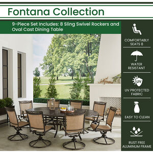 Hanover Fontana 9-Piece Outdoor Dining Set With 8 Sling Swivel Rockers and a Oval Cast-Top Dining Table, , hires