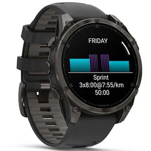Garmin f nix 8 47 mm, AMOLED Smart Watch - Sapphire, Carbon Gray DLC Titanium with Black/Pebble Gray Silicone Band, , hires