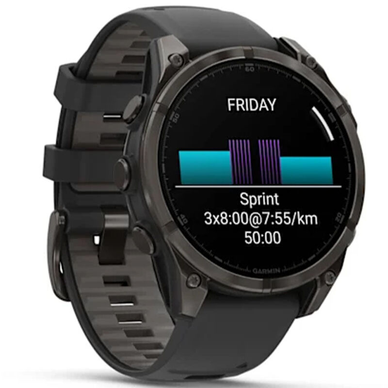 Garmin f nix 8 47 mm, AMOLED Smart Watch - Sapphire, Carbon Gray DLC Titanium with Black/Pebble Gray Silicone Band, , hires