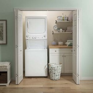 GE 27 in. Laundry Center with 3.8 cu. ft. Washer with 11 Wash Programs & 5.9 cu. ft. Gas Dryer with 4 Dryer Programs & Wrinkle Care - White, White, hires