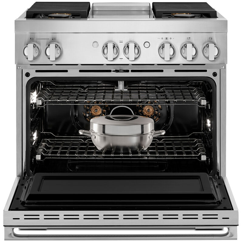 JennAir Noir Series 36 in. 5.1 cu. ft. Smart True European Convection Dual Fuel Range with 4 Sealed Burners & Griddle - Stainless Steel, , hires