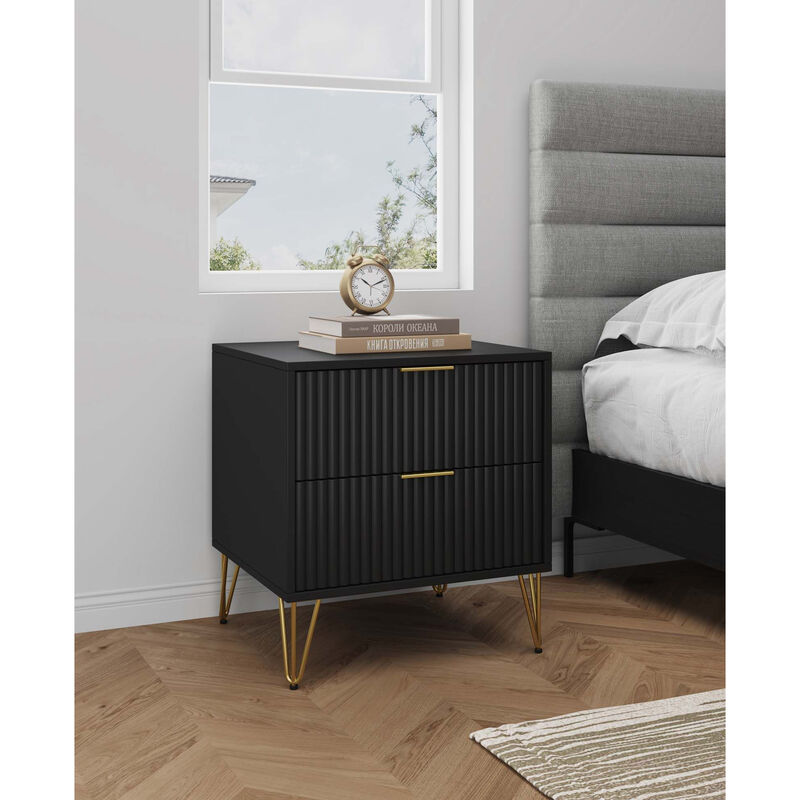 Manhattan Comfort DUMBO 2.0 Modern Nightstand with 2 Drawer & Metal Feet - Black, Black, hires