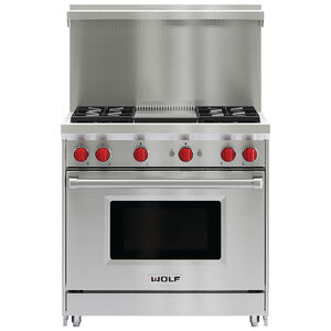 Wolf 36 in. 5.5 cu. ft. Oven Freestanding Gas Range with 4 Sealed Burners & Griddle - Stainless Steel, , hires