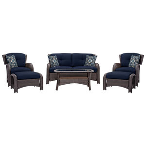 Hanover Strathmere 6-Piece Deep Seating Patio Furniture Set with Glass Top Coffee Table & 2 Ottomans - Navy