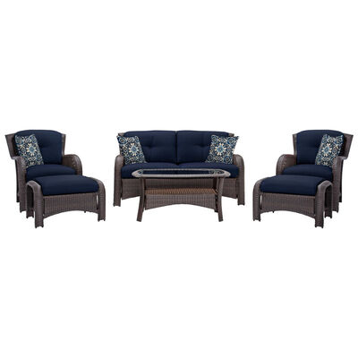 Hanover Strathmere 6-Piece Deep Seating Patio Furniture Set with Glass Top Coffee Table & 2 Ottomans - Navy | STRATHMERE6N