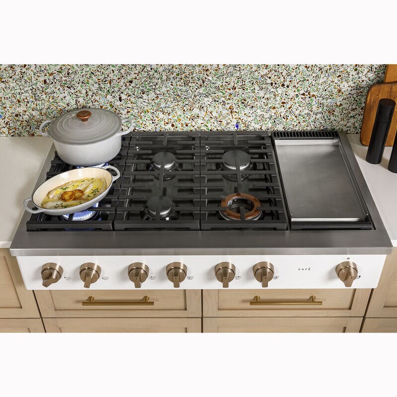 Cafe 48 in. 6-Burner Natural Gas Rangetop with Griddle, Simmer Burner & Power Burner - Matte White, Matte White, hires