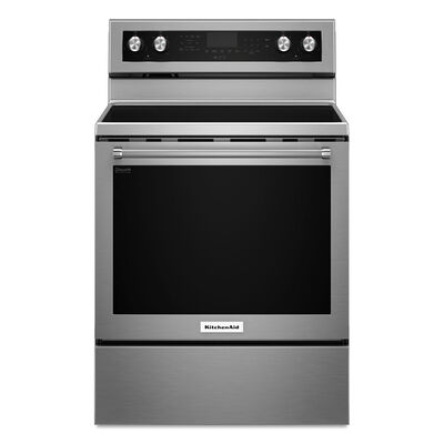 KitchenAid 30 in. 6.4 cu. ft. Convection Oven Freestanding Electric Range with 4 Smoothtop Burners - Stainless Steel | KFEG500ESS