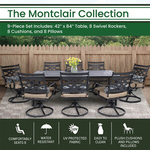Hanover Montclair 9-Piece Dining Set with 8 Swivel Rockers and a 42" x 84" Table - Tan/Brown, , hires