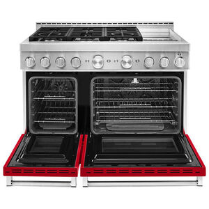KitchenAid 48 in. 6.3 cu. ft. Smart Convection Double Oven Freestanding Gas Range with 6 Sealed Burners & Griddle - Passion Red, , hires
