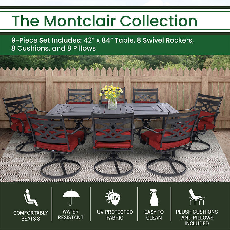 Hanover Montclair 9-Piece Dining Set with 8 Swivel Rockers and a 42" x 84" Table - Chile Red/Brown, , hires