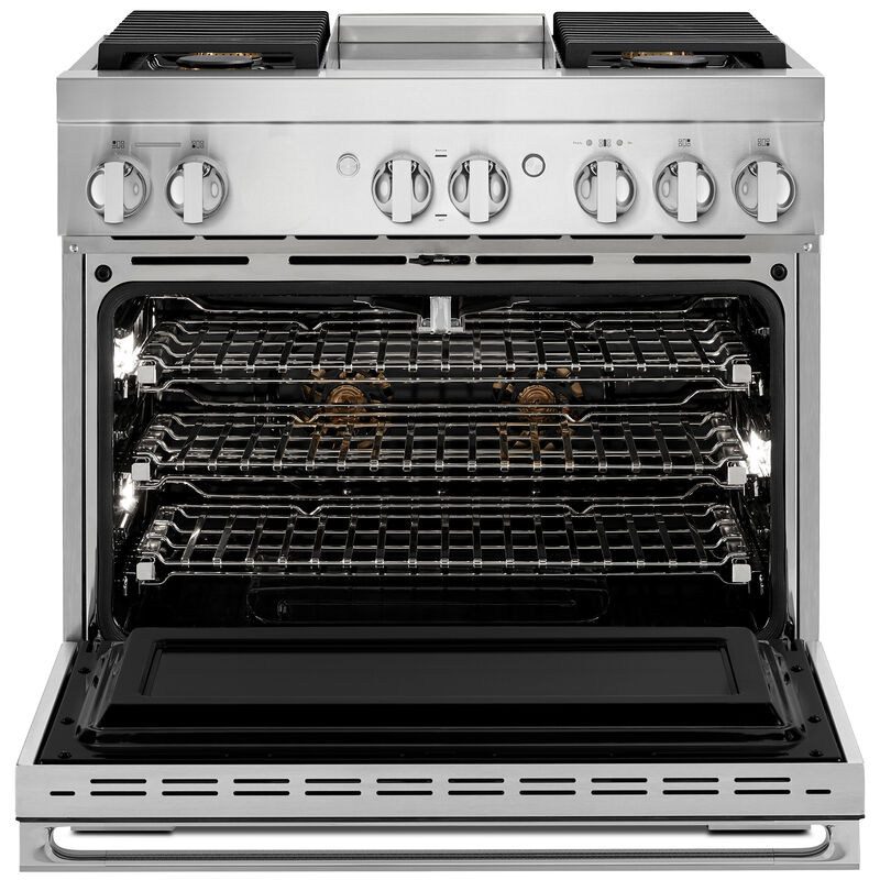 JennAir Noir Series 36 in. 5.1 cu. ft. Smart True European Convection Dual Fuel Range with 4 Sealed Burners & Griddle - Stainless Steel, , hires
