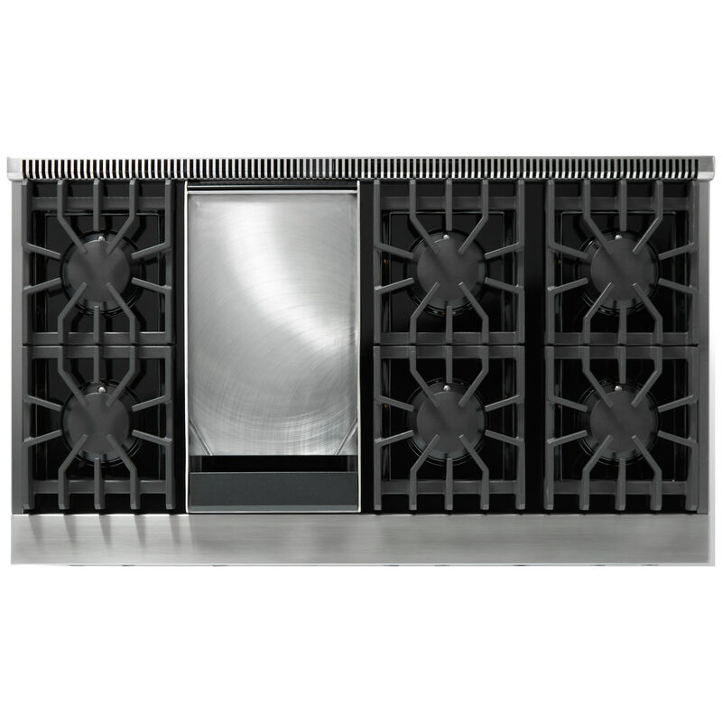 Viking 5 Series 48 in. 7.3 cu. ft. True European Convection Double Oven Dual Fuel Range with 6 Sealed Burners & Griddle - Stainless Steel - Liquid Propane Gas, Polished Chrome Trim Option, , hires