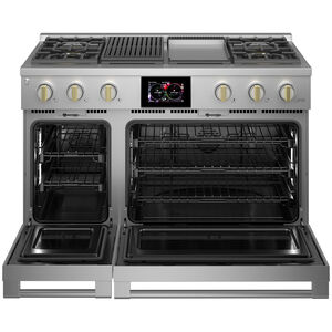 Monogram Statement Series 48 in. 8.2 cu. ft. Smart Air Fry True European Convection Double Oven Dual Fuel Range with 4 Sealed Burners, Grill & Griddle - Stainless Steel, , hires