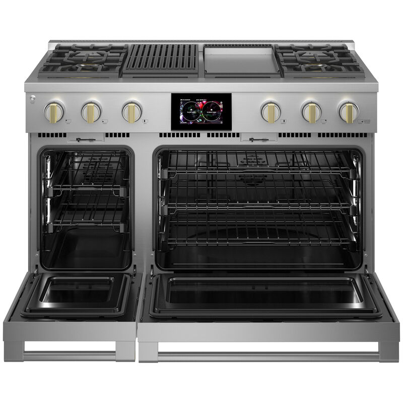Monogram Statement Series 48 in. 8.2 cu. ft. Smart Air Fry True European Convection Double Oven Dual Fuel Range with 4 Sealed Burners, Grill & Griddle - Stainless Steel, , hires