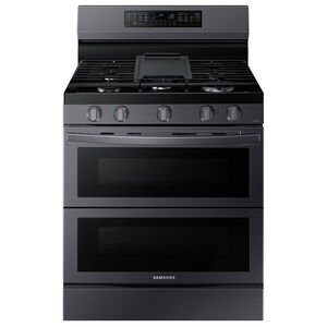 Samsung 30 in. 6.0 cu. ft. Smart Air Fry Convection Double Oven Freestanding Gas Range with 5 Sealed Burners & Griddle - Black Stainless, Black Stainless, hires