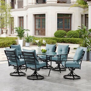 Hanover Lavallette 7-Piece Dining Set with 6 Swivel Rockers and a 66" x 38" Glass Table - Blue, , hires