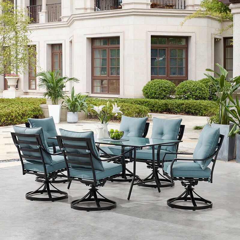 Hanover Lavallette 7-Piece Dining Set with 6 Swivel Rockers and a 66" x 38" Glass Table - Blue, , hires