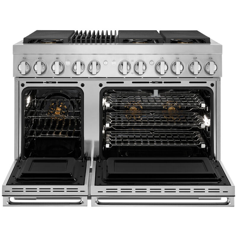 JennAir Noir Series 48 in. 6.3 cu. ft. Smart True European Convection Double Oven Dual Fuel Range with 6 Sealed Burners & Grill - Stainless Steel, , hires