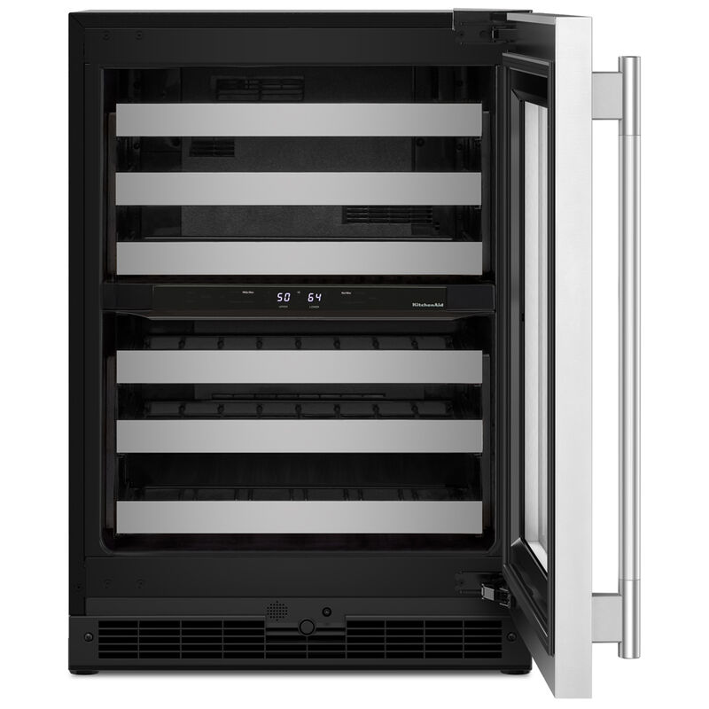 KitchenAid 24 in. Undercounter Right Hinged Wine Cooler with Metal Racks, Dual Temperature Zone(s) & 46-Bottle Capacity - Stainless Steel with Black Cabinet, , hires