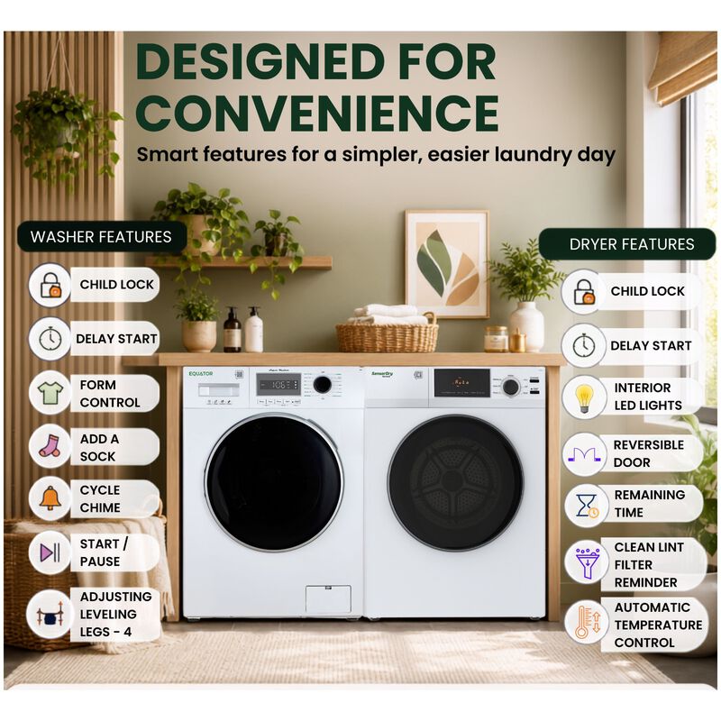 Equator Value 24 in. 2.47 cu. ft. Electric Front Load Laundry Center with Sensor Dry, Pet & Sanitize Cycle - White, , hires