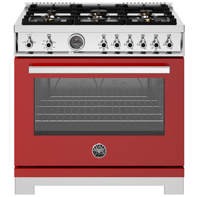 Bertazzoni Professional Series 36 in. 5.9 cu. ft. Convection Oven Freestanding Natural Gas Range with 6 Sealed Burners & Griddle - Red | PR366BCGMROT