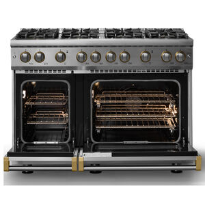 Viking 5 Series 48 in. 6.1 cu. ft. Standard Convection Double Oven Gas Range with 8 Sealed Burners - Stainless Steel - Natural Gas, Brushed Brass Trim Option, , hires