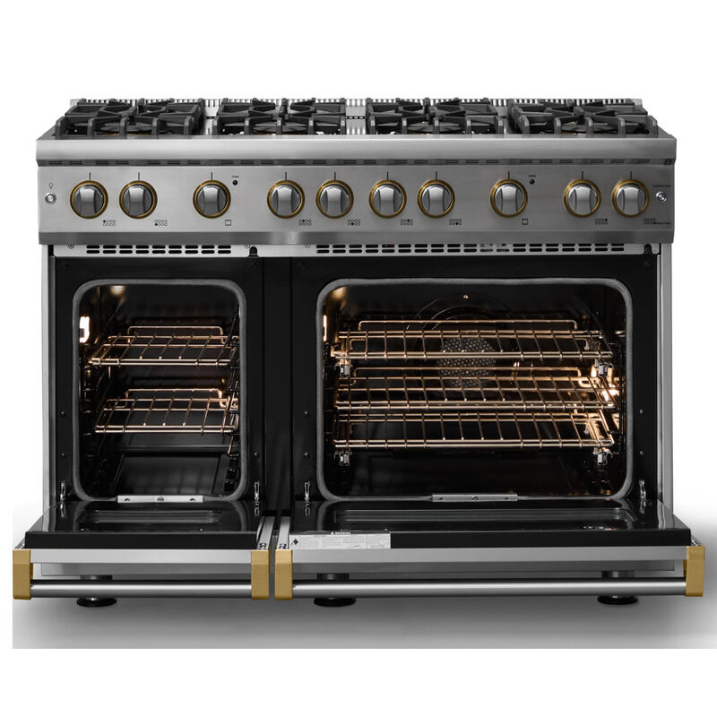 Viking 5 Series 48 in. 6.1 cu. ft. Standard Convection Double Oven Gas Range with 8 Sealed Burners - Stainless Steel - Natural Gas, Brushed Brass Trim Option, , hires
