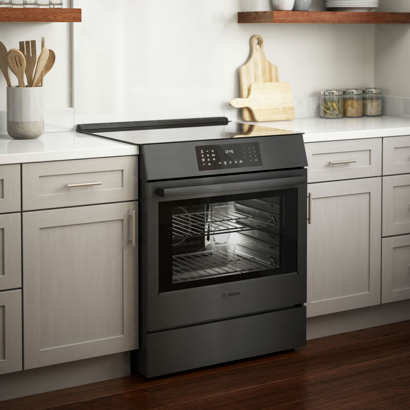 Bosch 800 Series 30 in. 4.6 cu. ft. True European Convection Slide-In Electric Range with 4 Induction Burners - Black Stainless Steel, , hires