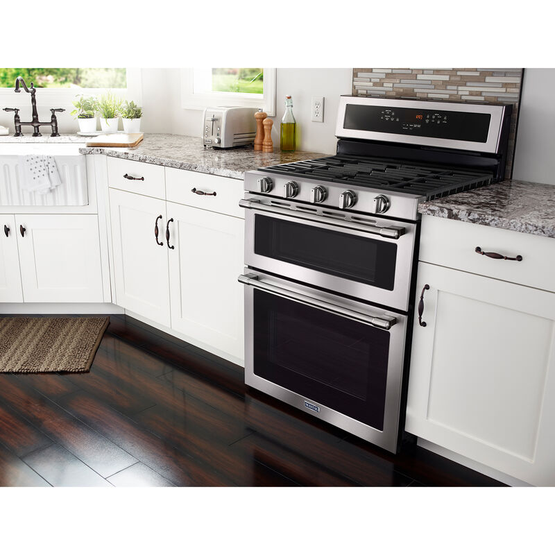 Maytag 30 in. 6 cu. ft. True European Convection Double Oven Gas Range with 5 Sealed Burners - Stainless Steel, , hires