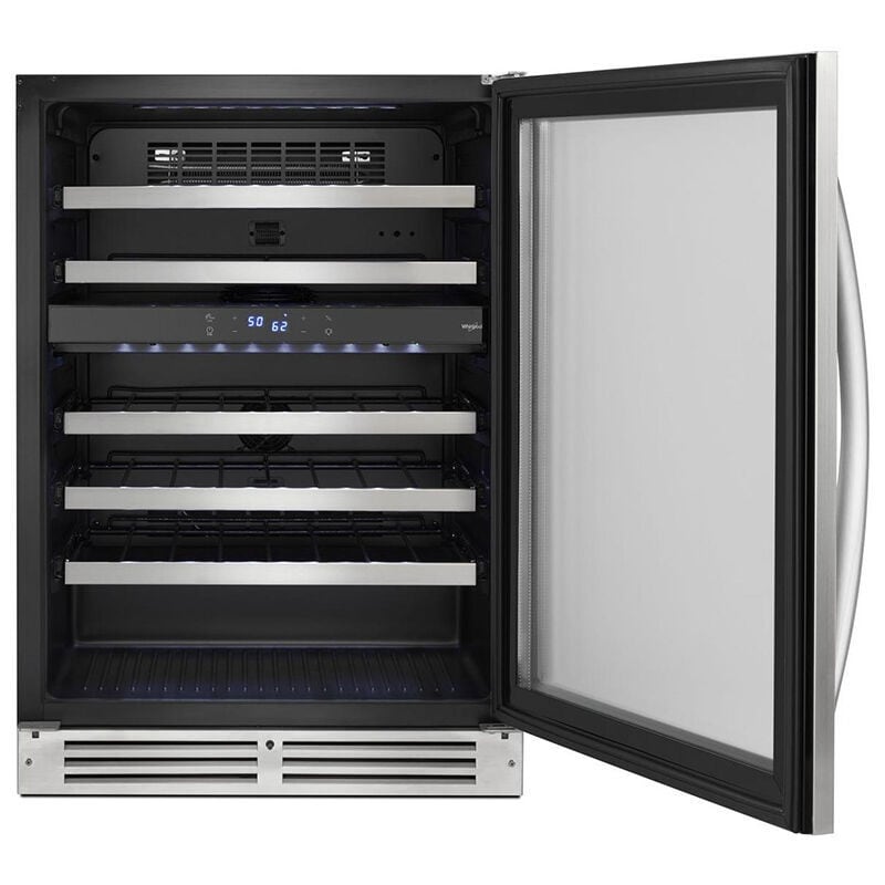 Whirlpool 24 in. Undercounter Wine Cooler with Metal Racks, Dual Temperature Zones & 51 Bottle Capacity - Stainless Steel, , hires