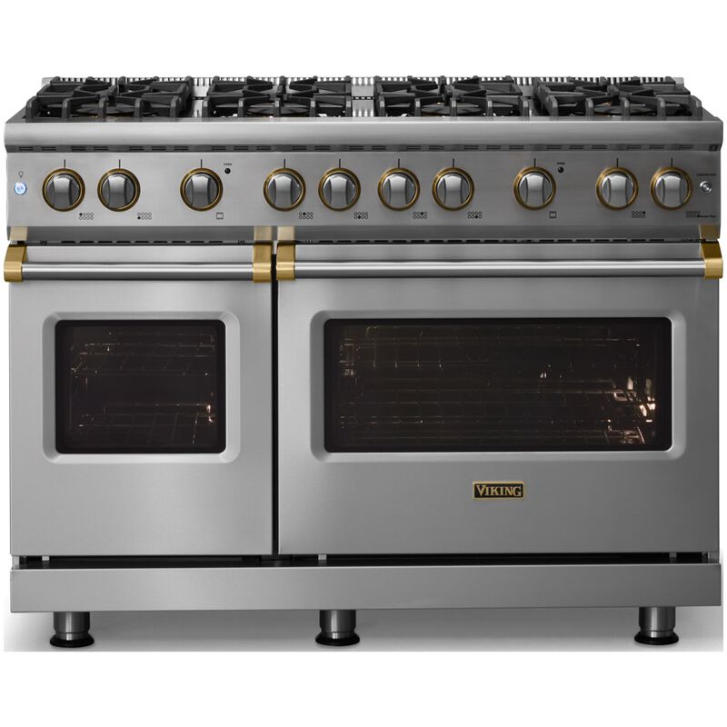 Viking 5 Series 48 in. 6.1 cu. ft. Standard Convection Double Oven Gas Range with 8 Sealed Burners - Stainless Steel - Natural Gas, Brushed Brass Trim Option, , hires