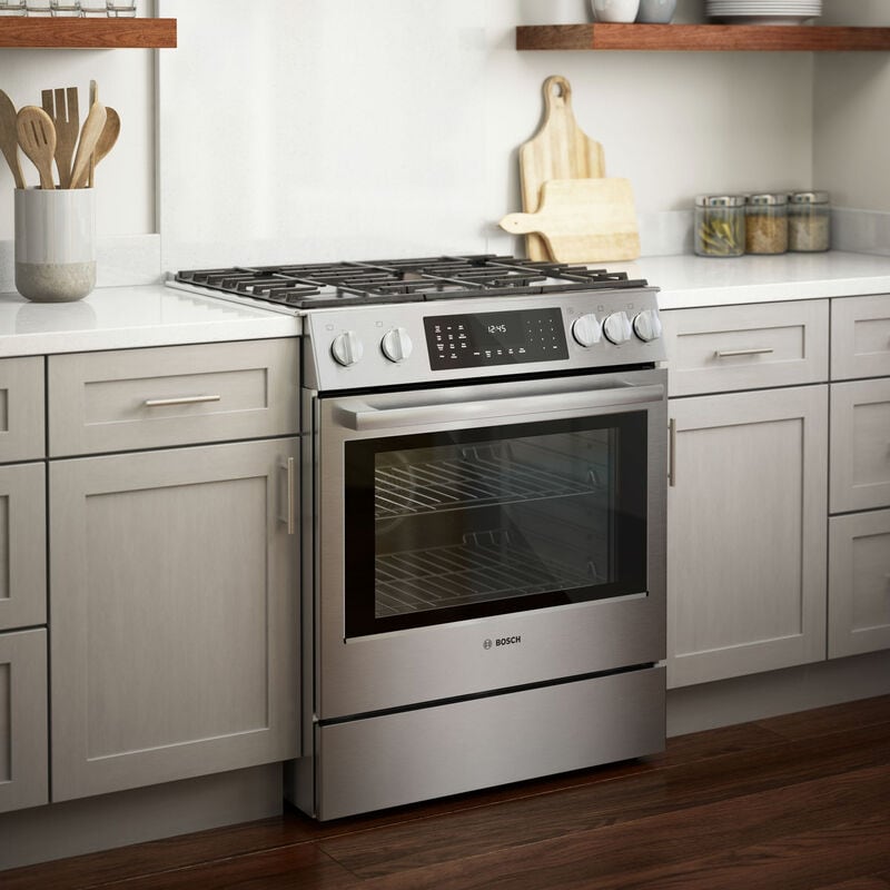 Bosch 800 Series 30 in. 4.6 cu. ft. True European Convection Slide-In Dual Fuel Range with 5 Sealed Burners - Stainless Steel, , hires
