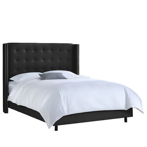 Skyline California King Nail Button Tufted Wingback Headboard in Linen - Black, Black, hires