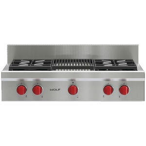 Wolf 36 in. 4-Burner Natural Gas Rangetop with Grill & Power Burner - Stainless Steel, , hires