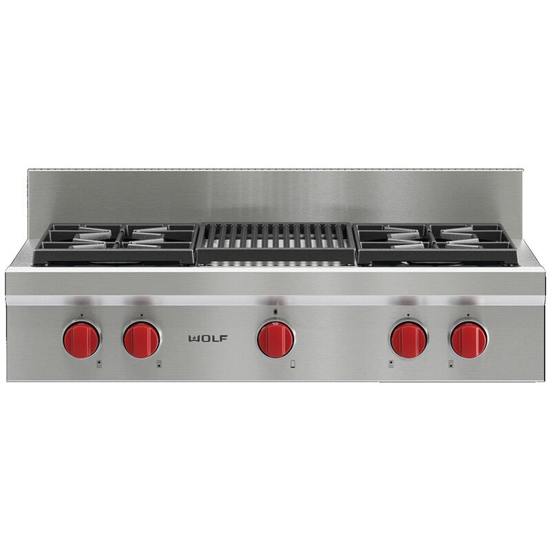 Wolf 36 in. 4-Burner Natural Gas Rangetop with Grill & Power Burner - Stainless Steel, , hires