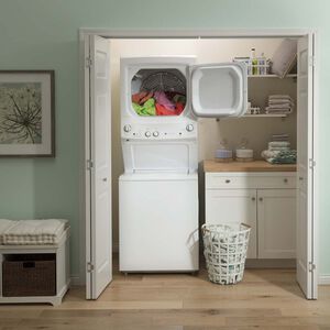 GE 27 in. Laundry Center with 3.8 cu. ft. Washer with 11 Wash Programs & 5.9 cu. ft. Gas Dryer with 4 Dryer Programs & Wrinkle Care - White, White, hires