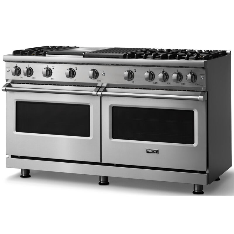 Viking 5 Series 60 in. 8.0 cu. ft. Standard Convection Double Oven Gas Range with 6 Sealed Burners, Grill & Griddle - Stainless Steel - Natural Gas, Polished Chrome Trim Option, , hires