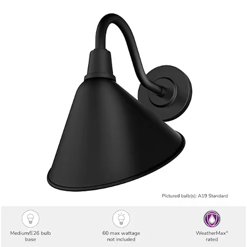 Hunter Cassius Rustic Modern Metal Cone Outdoor Medium Wall Light-Matte Black, , hires