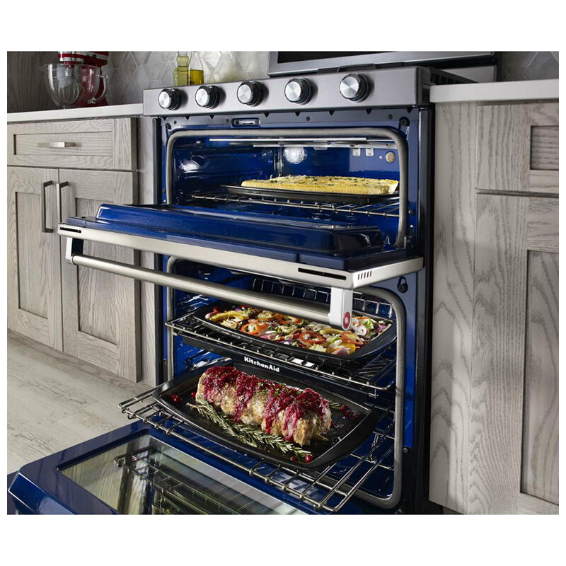 KitchenAid 30 in. 6 cu. ft. True European Convection Double Oven Gas Range with 5 Sealed Burners & Griddle - White, White, hires
