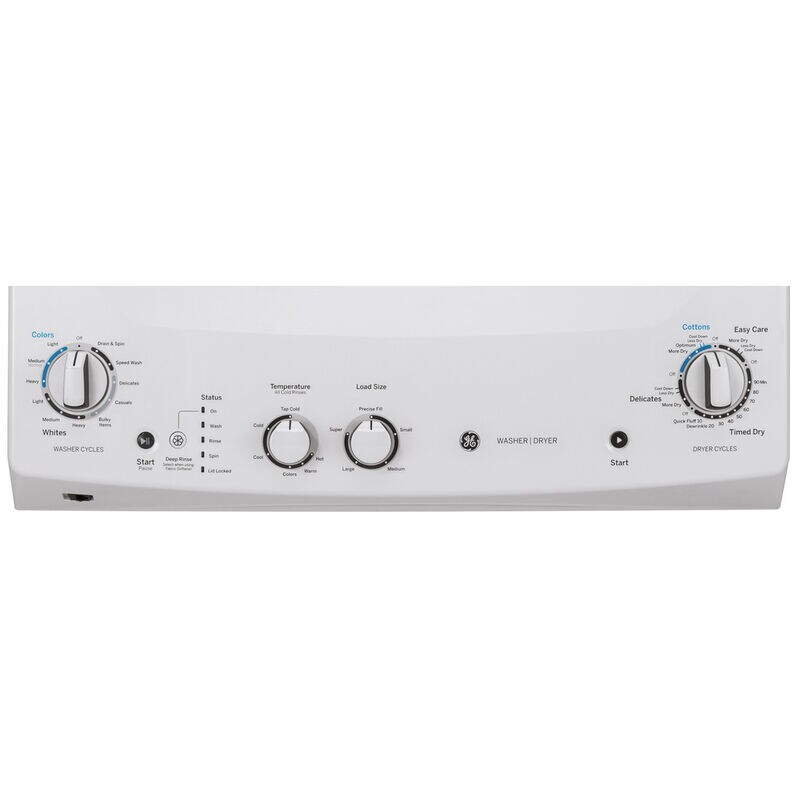 GE 27 in. Laundry Center with 3.8 cu. ft. Washer with 11 Wash Programs & 5.9 cu. ft. Gas Dryer with 4 Dryer Programs & Wrinkle Care - White, White, hires