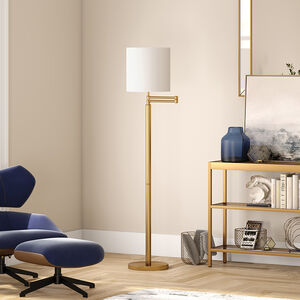 Hudson & Canal Moby Swing Arm Brass Floor Lamp with Drum Shade, , hires