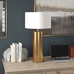 Hudson & Canal York Tall Table Lamp with Fabric Shade - Brass, , hires