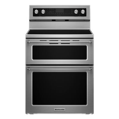 KitchenAid 30 in. 6.7 cu. ft. Convection Double Oven Freestanding Electric Range with 5 Smoothtop Burners - Stainless Steel | KFED500ESS